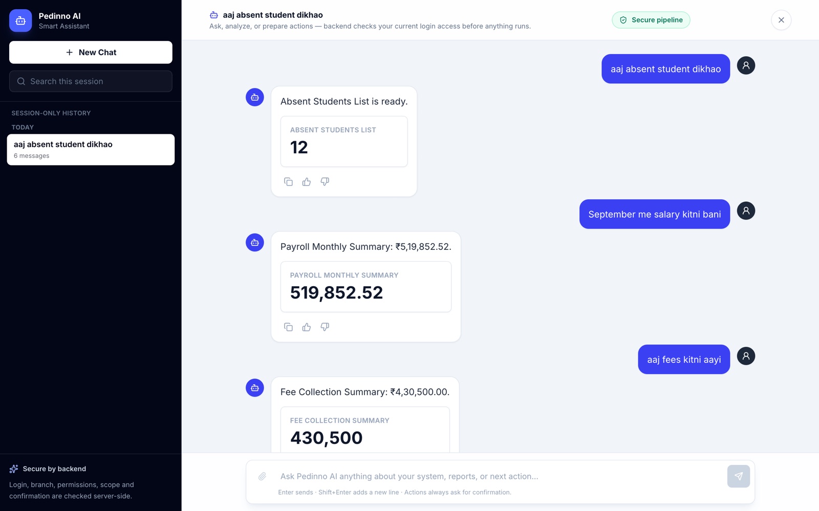 Pedinno AI assistant answering attendance, payroll and fee questions from live data