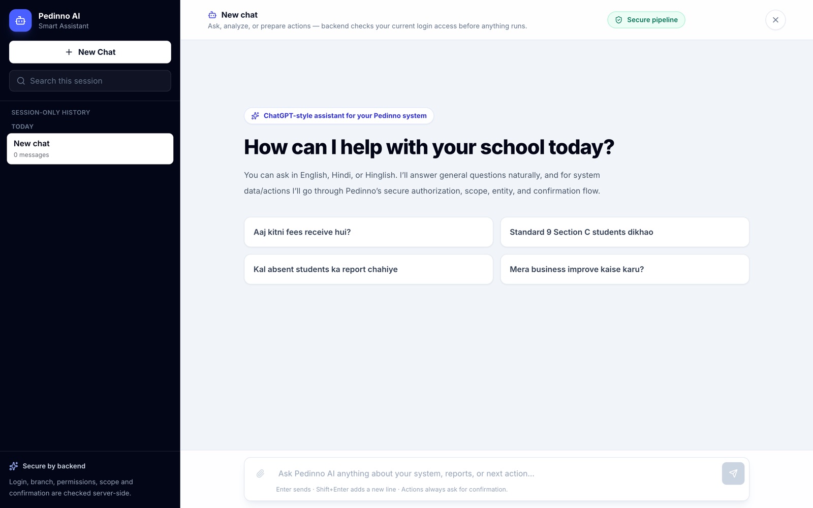 Pedinno AI start screen with suggested questions