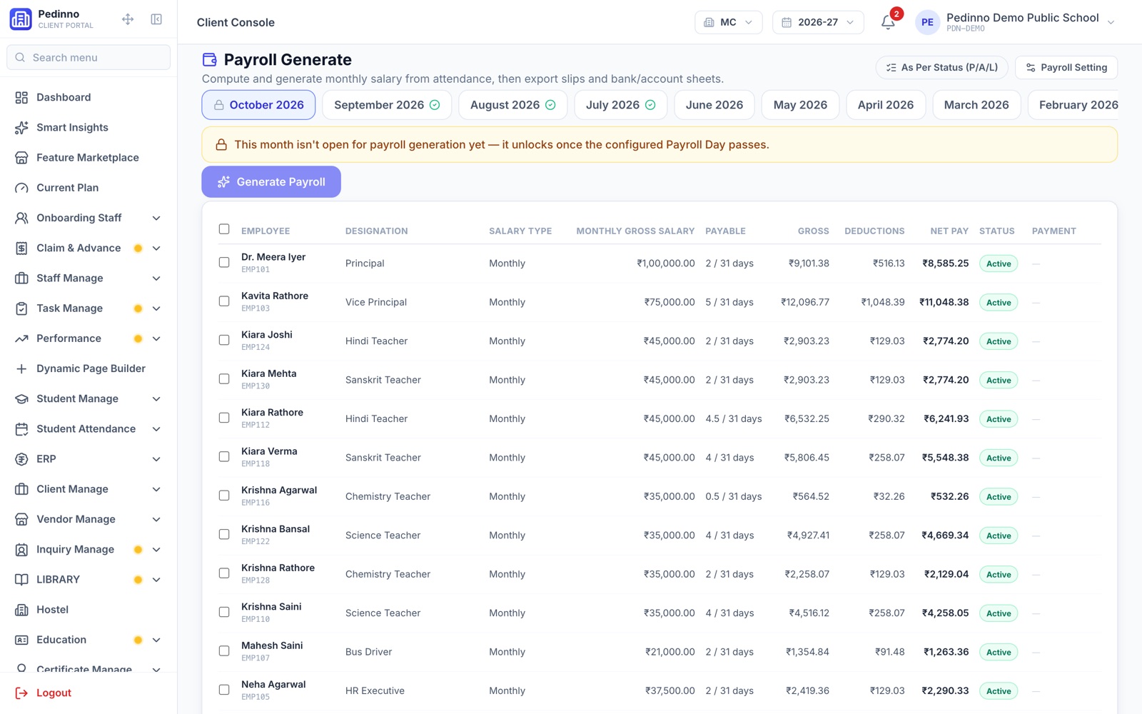 Pedinno generate payroll screen listing employees and net pay