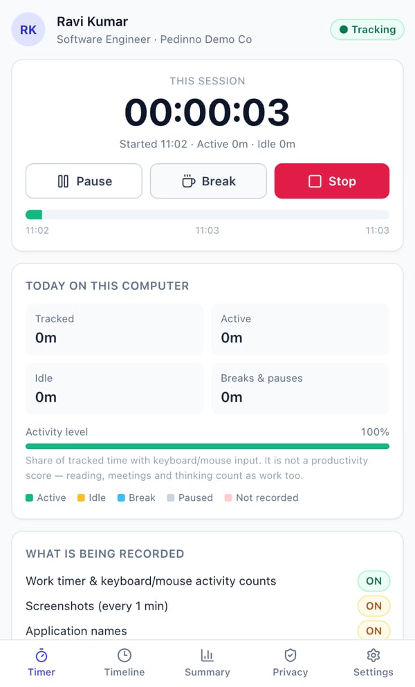 Pedinno Time Tracker desktop app timer screen